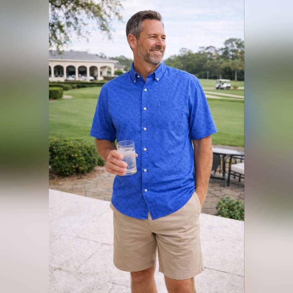 Peter Millar Short Sleeve Button Down Shirt Blue XXL Cotton Chest Pocket